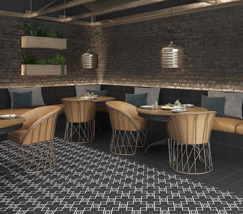 Patterned Porcelain Tile Squares 8x8 installed on a restaurant floor