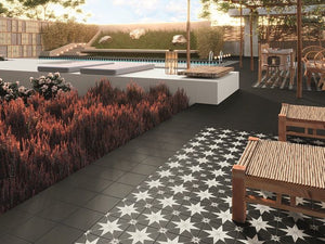 outdoor floor covered with patterned porcelain tiles by Mineral Tiles.