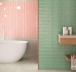 Subway Wall Tile Glossy Pink 3x12 installed on a bathroom wall