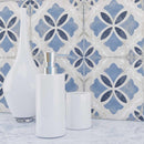 Vintage Patterned Distressed Washed Tile Monarch Blue 9x9 featured on a bathroom backsplash 