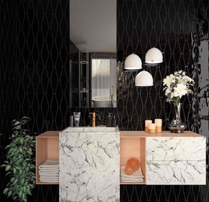 Wave Wall Tile Glossy Black 3x12 featured on a contemporary black and white bathroom and wood accent