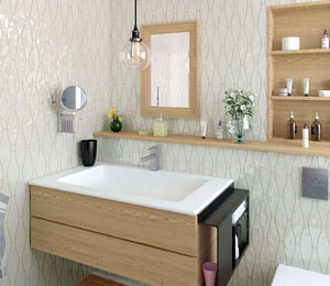 Wave Wall Tile Glossy Cream 3x12 installed on a contemporary bathroom