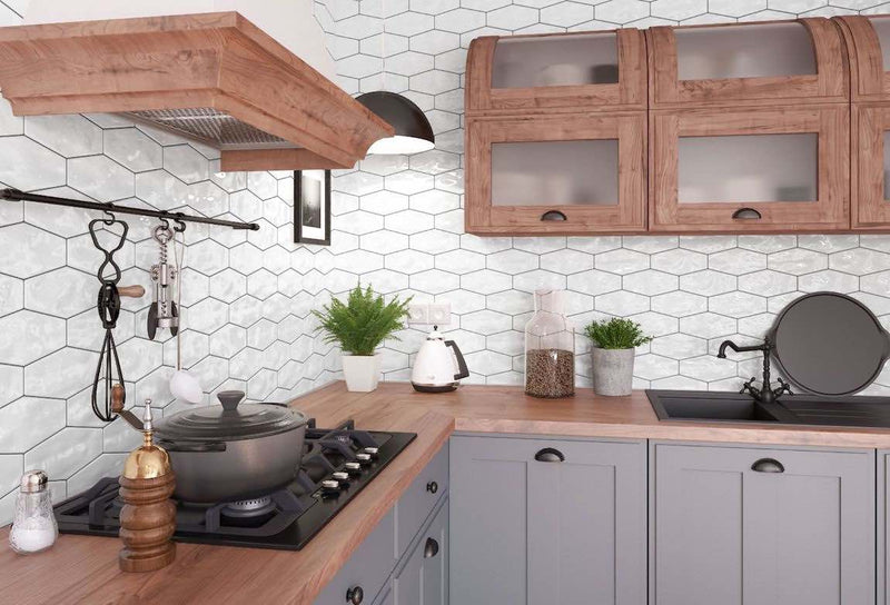 Hexagon Tile Glossy White 4x8 Long featured on a country style kitchen backsplash